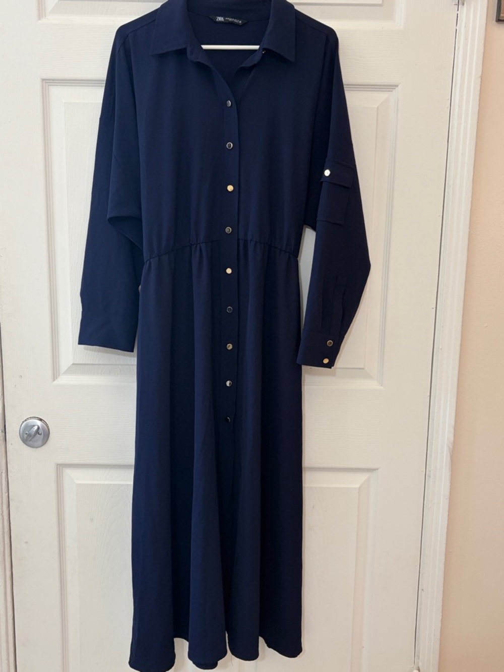 Zara Navy Long-Sleeve Button-Front Maxi Dress